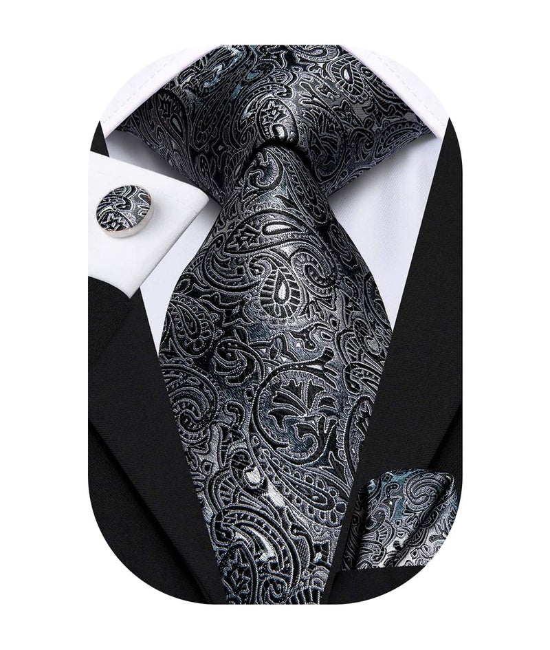Hi-Tie Men 63inches Tie Set Extra Long Necktie Paisley Tie Pocket Suqare Cufflinks Big and Tall Men Tie,Black Grey - Image 1